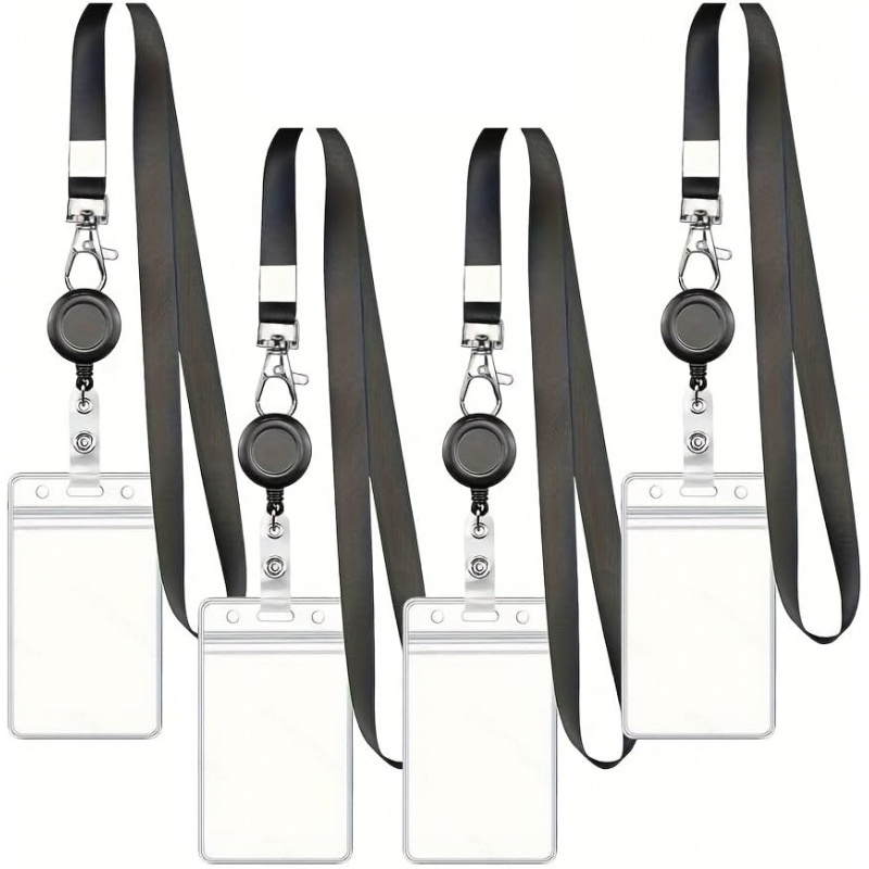 Lanyard Badge Holder - 4 Stück schwarze, einziehbare Ausweishalter-Schlüsselbänder, flaches