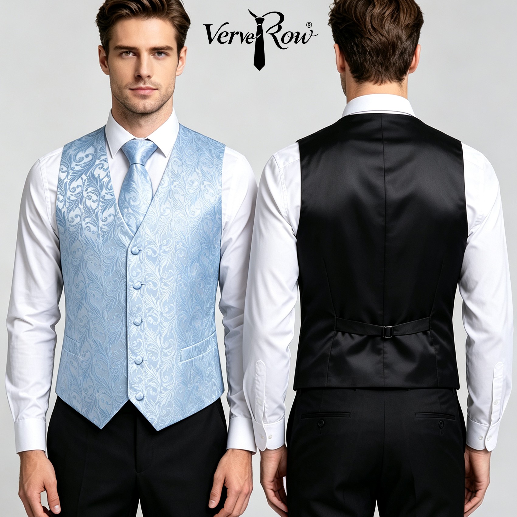 Pocket Square Set - Hellblaue Jacquard-Weste mit Krawatte und Einstecktuch,